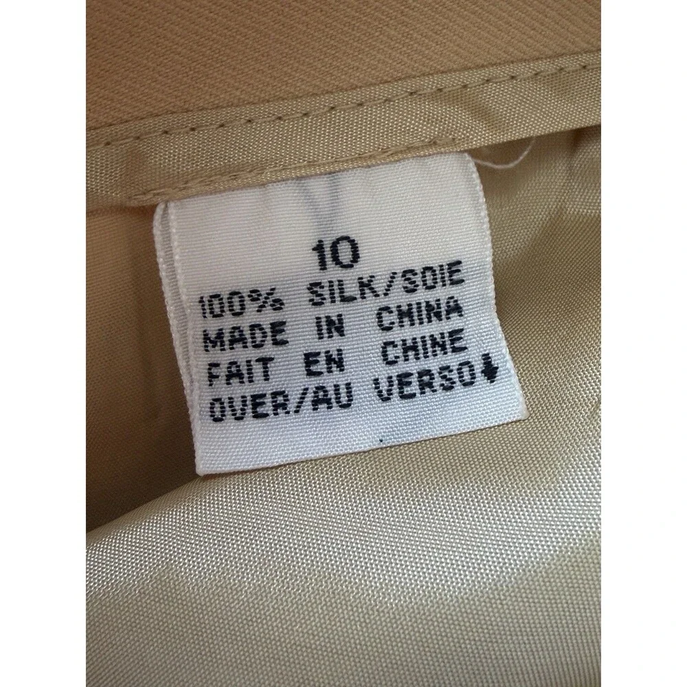 VTG Dana Buchman 100% Silk Midi Pencil Skirt Tan Yellow Mock Wrap Button Size 10